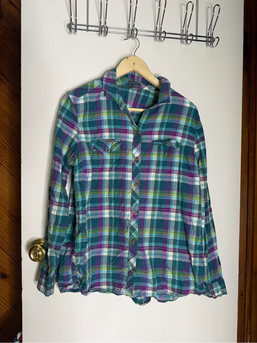 Eddie Bauer Plaid Button-Down Shirt - Teal, Purple & Green